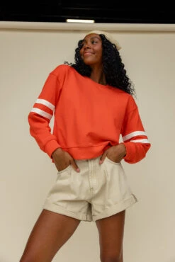 Jump Shot Varsity Pullover: Bold Red Sporty Stripe Sweater