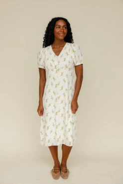 Ivory Floral Midi Dress with Functional Buttons - Elegant Summer Style -ROOLEE FASHION SHOP 028A8920