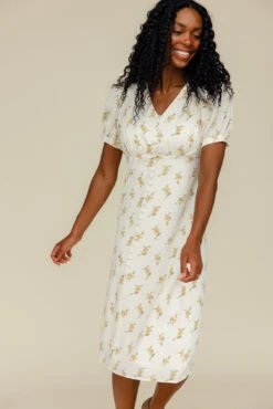 Ivory Floral Midi Dress with Functional Buttons - Elegant Summer Style