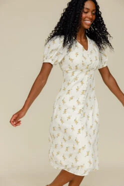Ivory Floral Midi Dress with Functional Buttons - Elegant Summer Style -ROOLEE FASHION SHOP 028A8942