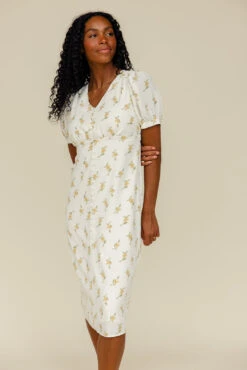 Ivory Floral Midi Dress with Functional Buttons - Elegant Summer Style -ROOLEE FASHION SHOP 028A8963
