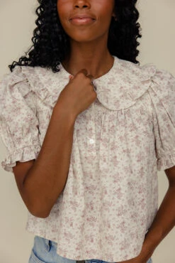 Vintage-Inspired Ivory Floral Blouse with Ruffled Peter Pan Collar -ROOLEE FASHION SHOP 028A9113