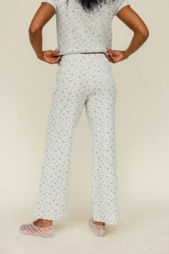 Blue Floral Wide Leg Pointelle Pants with Pockets - Summer Loungewear -ROOLEE FASHION SHOP 028A9212