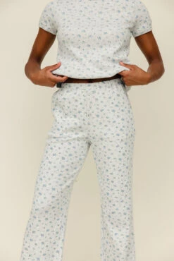 Blue Floral Wide Leg Pointelle Pants with Pockets - Summer Loungewear -ROOLEE FASHION SHOP 028A9218