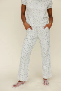 Blue Floral Wide Leg Pointelle Pants with Pockets - Summer Loungewear -ROOLEE FASHION SHOP 028A9227
