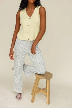 Blue Floral Wide Leg Pointelle Pants with Pockets - Summer Loungewear -ROOLEE FASHION SHOP 028A9259