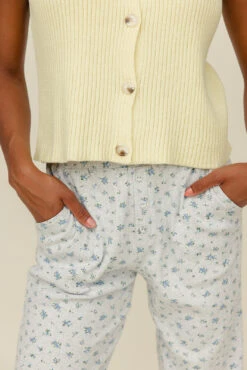 Blue Floral Wide Leg Pointelle Pants with Pockets - Summer Loungewear -ROOLEE FASHION SHOP 028A9269