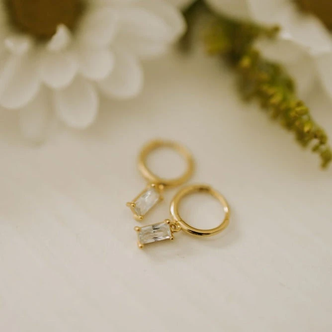 Baguette Diamond Dangle Hoops - Sophie Hypoallergenic Earrings 3 Baguette Diamond Dangle Hoops - Sophie Hypoallergenic Earrings