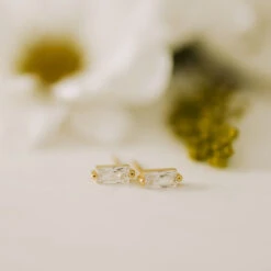 Baguette Diamond Stud Earrings - Hypoallergenic Gold & Silver -ROOLEE FASHION SHOP 0Q7A8309