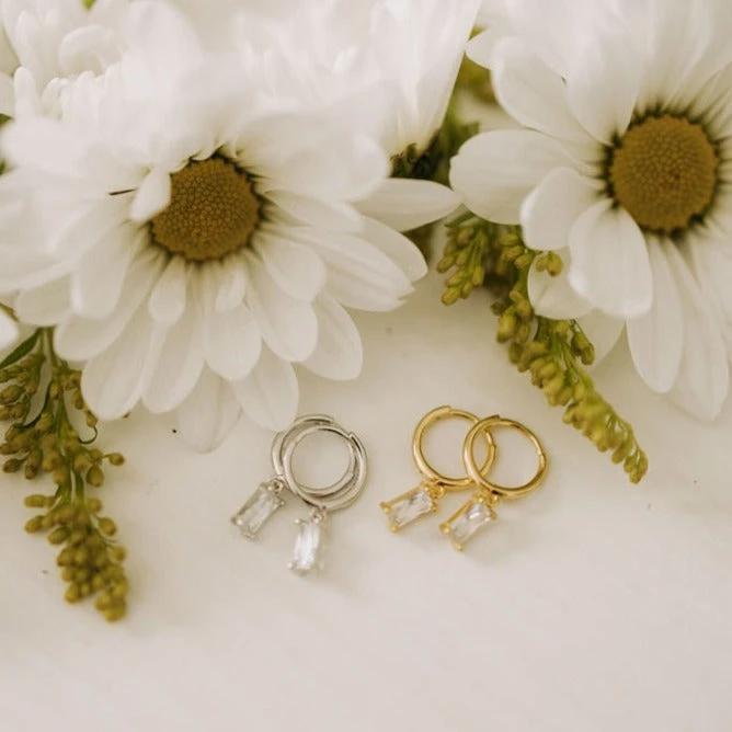 Baguette Diamond Dangle Hoops - Sophie Hypoallergenic Earrings 7 Baguette Diamond Dangle Hoops - Sophie Hypoallergenic Earrings - Image 5