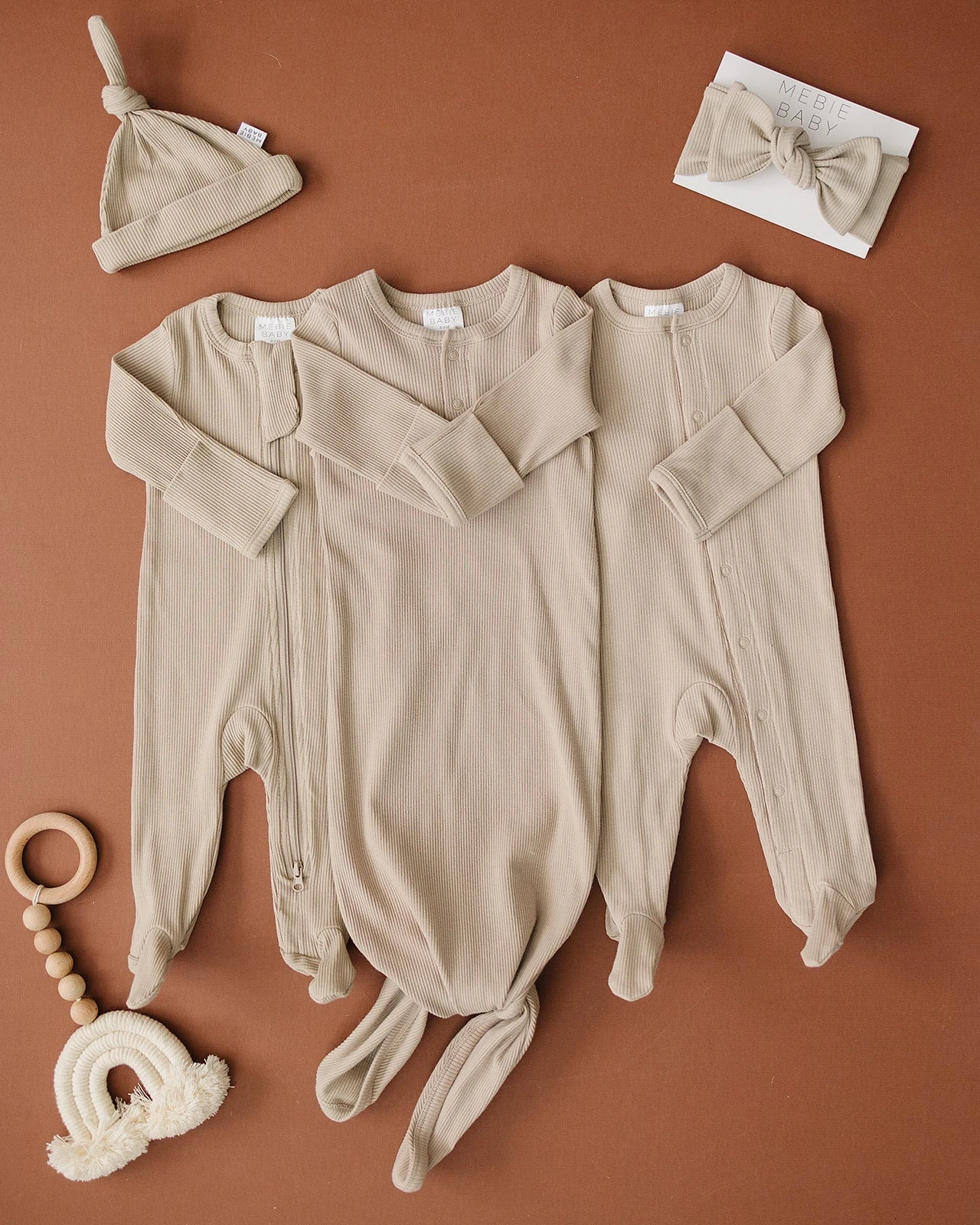 Organic Cotton Ribbed Knot Baby Gown - Oatmeal 6 Organic Cotton Ribbed Knot Baby Gown - Oatmeal - Image 4