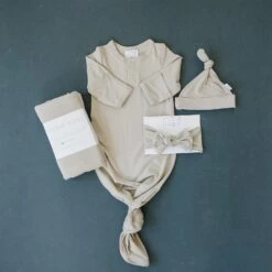 Oatmeal Bamboo Knotted Baby Gown - Ultra-Soft Newborn Sleeper -ROOLEE FASHION SHOP 3U6A5898 websize 0a3beb81 b18e 4701 aeb9 6f4cd8ac28a3