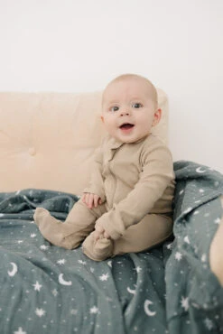 Oatmeal Organic Cotton Ribbed Double Zipper Baby Footie Pajamas -ROOLEE FASHION SHOP 3U6A6117 websize