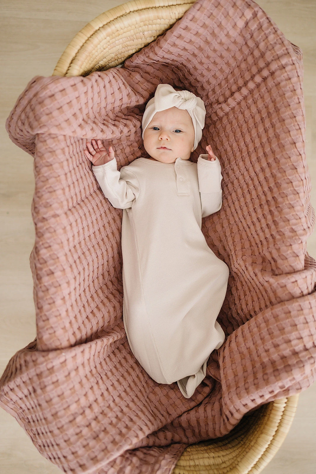 Organic Cotton Ribbed Knot Gown for Newborns - Vanilla 3 Organic Cotton Ribbed Knot Gown for Newborns - Vanilla