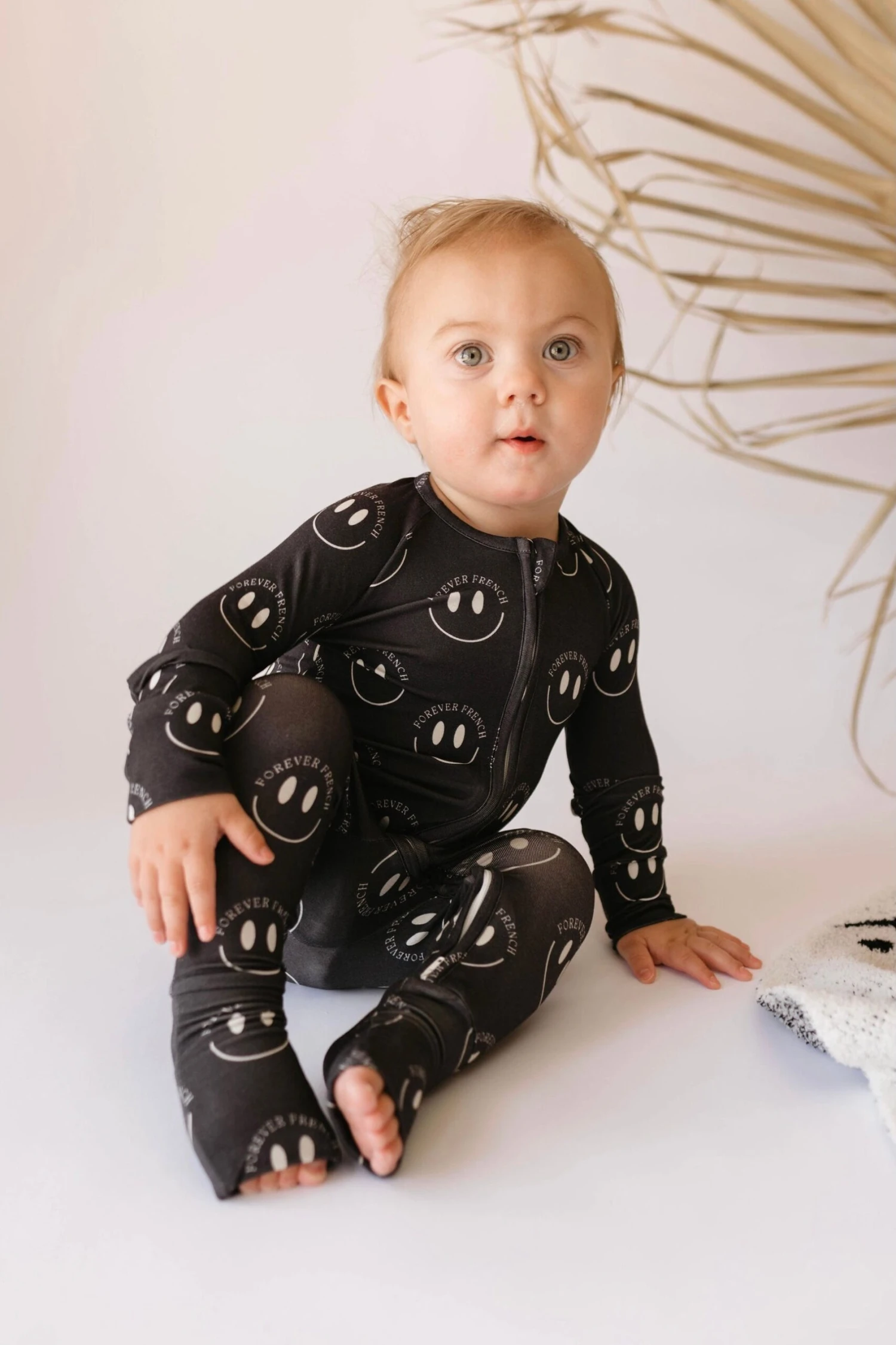 Forever French Baby Charcoal & White FF Smile Bamboo Zip Pajama 3 Forever French Baby Charcoal & White FF Smile Bamboo Zip Pajama