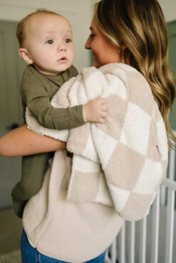Ultra-Soft Taupe Checkered Plush Blanket for Nursery and Home