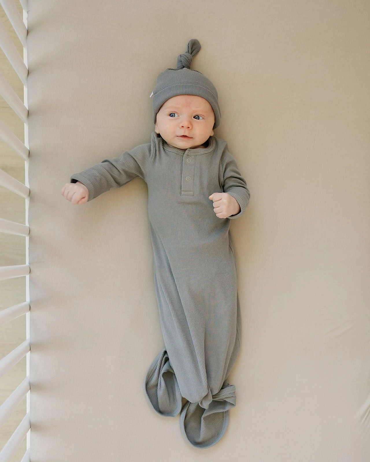 Mebie Baby Grey Organic Cotton Ribbed Knot Gown 4 Mebie Baby Grey Organic Cotton Ribbed Knot Gown - Image 2