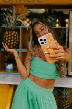 Orange & Pink Checkerboard Wallet Phone Case with Finger Strap