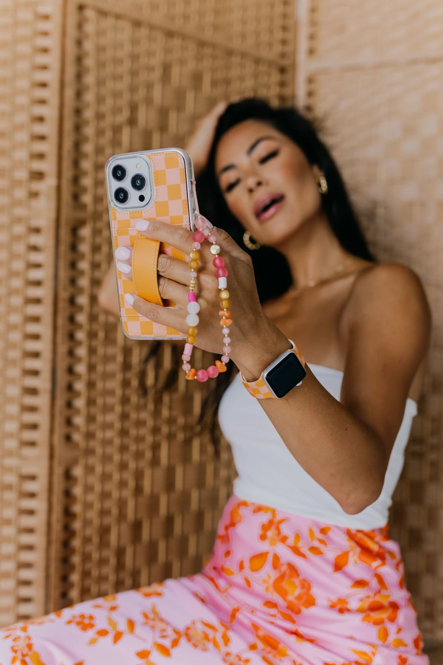 Orange & Pink Checkerboard Wallet Phone Case with Finger Strap 4 Orange & Pink Checkerboard Wallet Phone Case with Finger Strap - Image 2