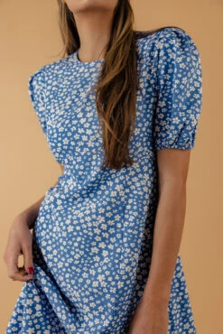 Blue Floral Puff Sleeve Dress with Elegant Princess Seams 19 Blue Floral Puff Sleeve Dress with Elegant Princess Seams -ROOLEE FASHION SHOP 7W4A0076