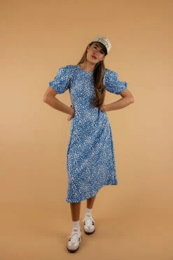 Blue Floral Puff Sleeve Dress with Elegant Princess Seams 20 Blue Floral Puff Sleeve Dress with Elegant Princess Seams -ROOLEE FASHION SHOP 7W4A0084