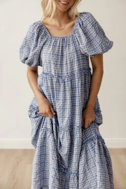 Gingham Tiered Maxi Dress with Puff Sleeves - Audie