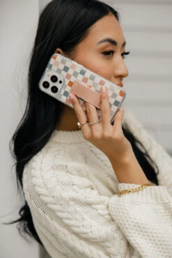 Coastal Check Vegan Leather Wallet Phone Case with Finger Strap & Kickstand