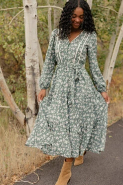 Floral V-Neck Midi Dress with Pockets and Tie Waist