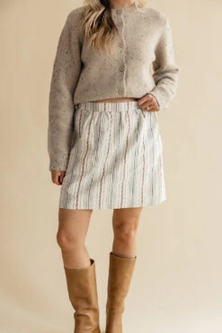 Striped Floral Mini Skirt with Elastic Waist and Gathered Detail