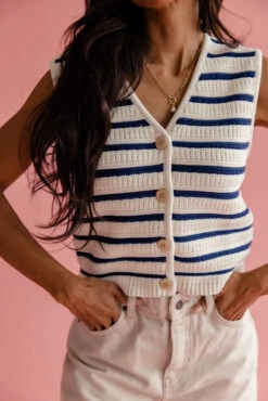 Striped Button-Up Knit Vest with Ribbed Hem