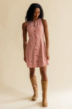 Red Gingham Button Front Dress with Pockets - Vintage Style