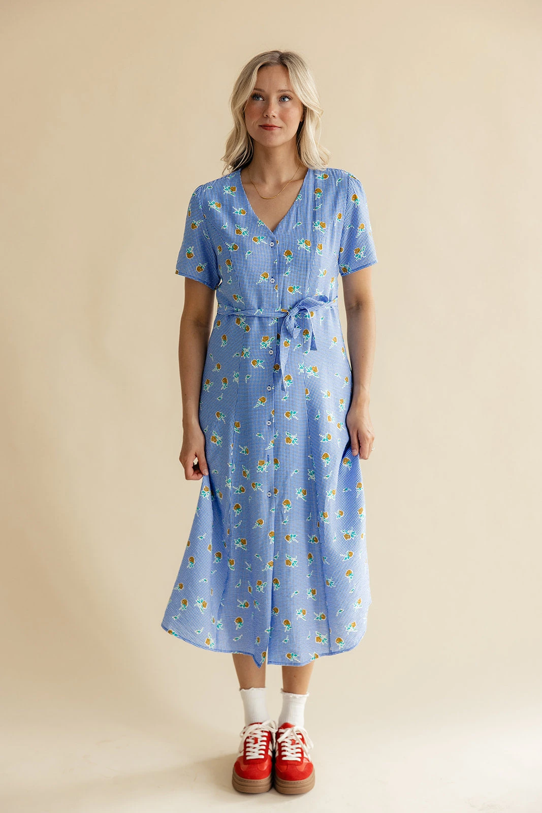 Button Down V-Neck Dress with Adjustable Waist Tie - Zooey 7 Button Down V-Neck Dress with Adjustable Waist Tie - Zooey - Image 5