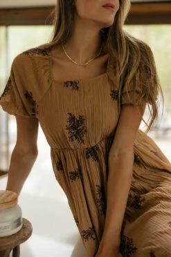 Rust Floral Embroidered Maxi Dress with Puff Sleeves and Cinch Waist -ROOLEE FASHION SHOP 7W4A0992 697ea72d 4eed 47ce a10f 89923d24455a