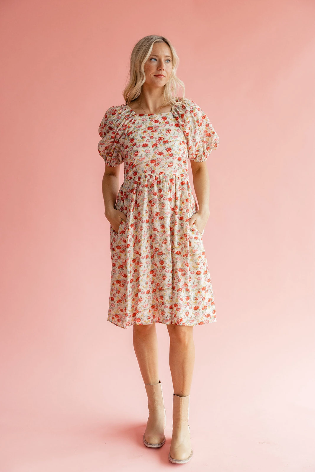 Floral Square Neck Midi Dress with Pockets - Pink and Red Blossom 4 Floral Square Neck Midi Dress with Pockets - Pink and Red Blossom - Image 2