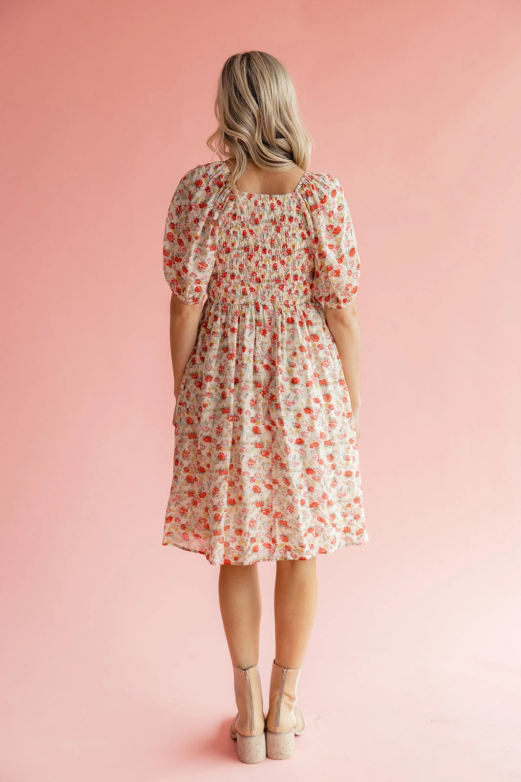 Floral Square Neck Midi Dress with Pockets - Pink and Red Blossom 5 Floral Square Neck Midi Dress with Pockets - Pink and Red Blossom - Image 3