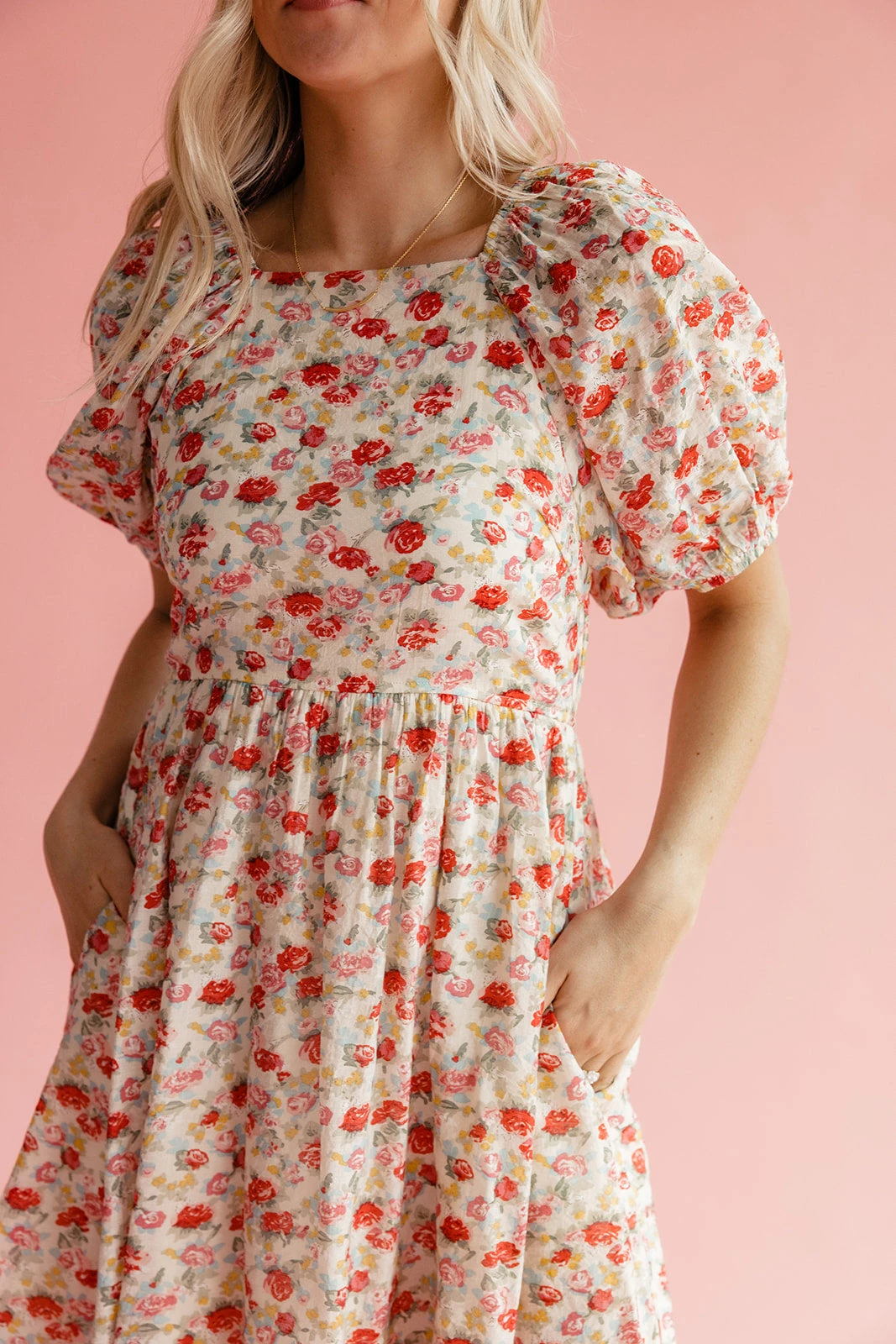 Floral Square Neck Midi Dress with Pockets - Pink and Red Blossom 6 Floral Square Neck Midi Dress with Pockets - Pink and Red Blossom - Image 4