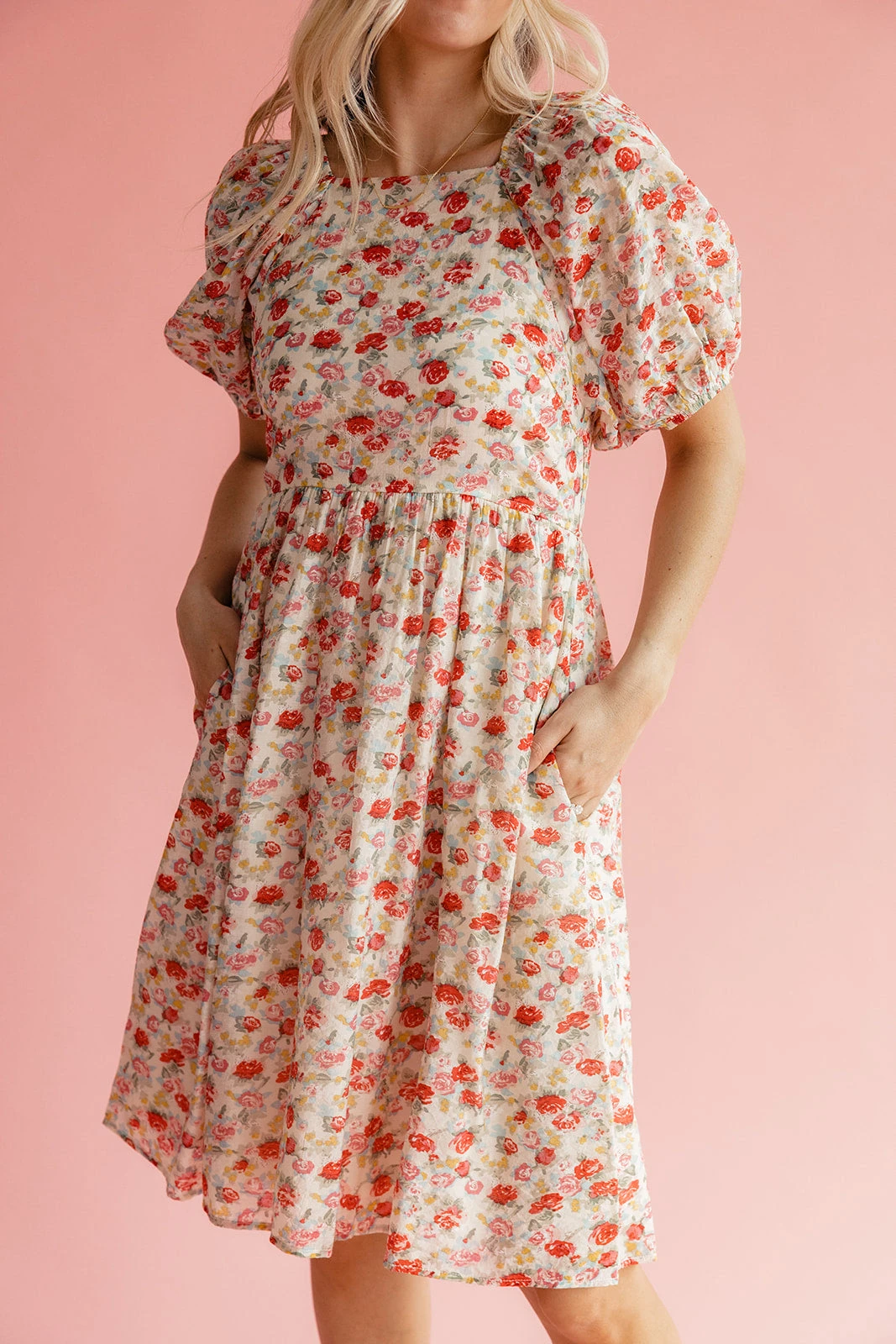Floral Square Neck Midi Dress with Pockets - Pink and Red Blossom 3 Floral Square Neck Midi Dress with Pockets - Pink and Red Blossom