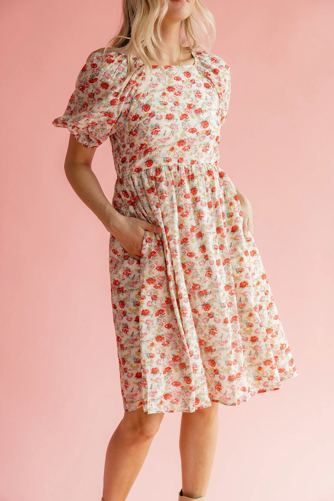 Floral Square Neck Midi Dress with Pockets - Pink and Red Blossom 7 Floral Square Neck Midi Dress with Pockets - Pink and Red Blossom - Image 5