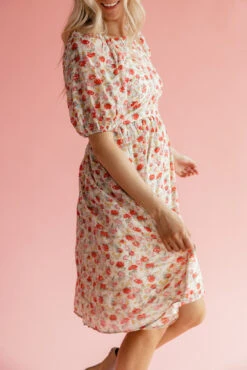 Floral Square Neck Midi Dress with Pockets - Pink and Red Blossom 16 Floral Square Neck Midi Dress with Pockets - Pink and Red Blossom -ROOLEE FASHION SHOP 7W4A1123