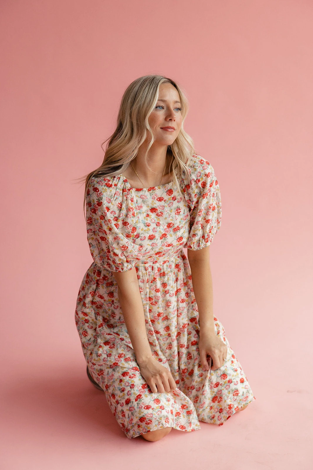 Floral Square Neck Midi Dress with Pockets - Pink and Red Blossom 9 Floral Square Neck Midi Dress with Pockets - Pink and Red Blossom - Image 7