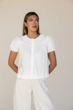 Peter Pan Collar Blouse - Estella Lace Trim Puff Sleeve Top -ROOLEE FASHION SHOP 7W4A1451