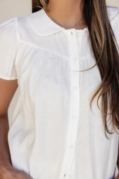 Peter Pan Collar Blouse - Estella Lace Trim Puff Sleeve Top -ROOLEE FASHION SHOP 7W4A1462