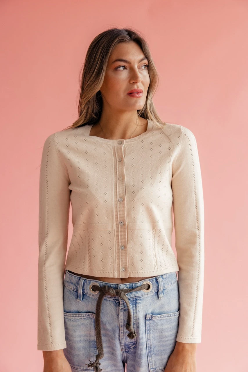 Pointelle Cropped Cardigan - Lenora Soft Knit Layering Piece 5 Pointelle Cropped Cardigan - Lenora Soft Knit Layering Piece - Image 3