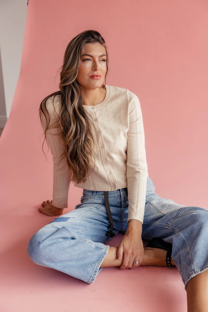 Pointelle Cropped Cardigan - Lenora Soft Knit Layering Piece 9 Pointelle Cropped Cardigan - Lenora Soft Knit Layering Piece - Image 7