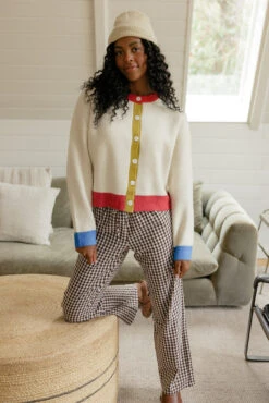 Multi-Color Block Knit Cardigan Sweater in Cream