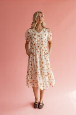 Floral Midi Dress with Puff Sleeves and Pockets -ROOLEE FASHION SHOP 7W4A1578
