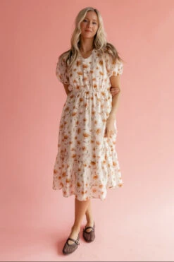 Floral Midi Dress with Puff Sleeves and Pockets