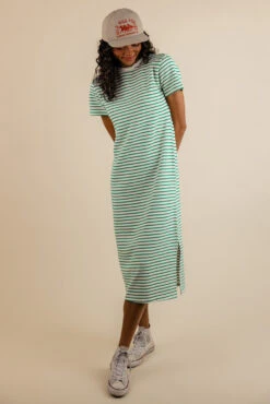 Striped Knit Midi Dress with Side Slit - Comfortable Boxy Fit