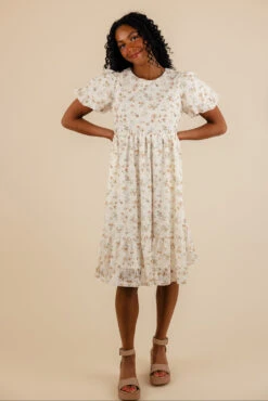 White Floral Puff Sleeve Midi Dress - Jordyn Ruffle Skirt Dress