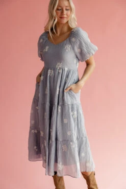 Embroidered Blue Tiered Dress with Pockets - Marisette -ROOLEE FASHION SHOP 7W4A2074 4d2964c9 1d28 4587 a3af f39eabd68a07